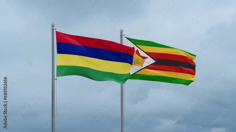 Zimbabwe and Mauritius flag waving together on cloudy sky, endless seamless loop, two country cooperation concept Zimbabwe and Mauritius flag waving together on cloudy sky, endless seamless loop, two country cooperation concept