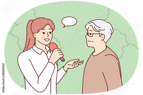 Female journalist with microphone interview elderly man in park. Woman with mic talk with old male on street. Vector illustration.