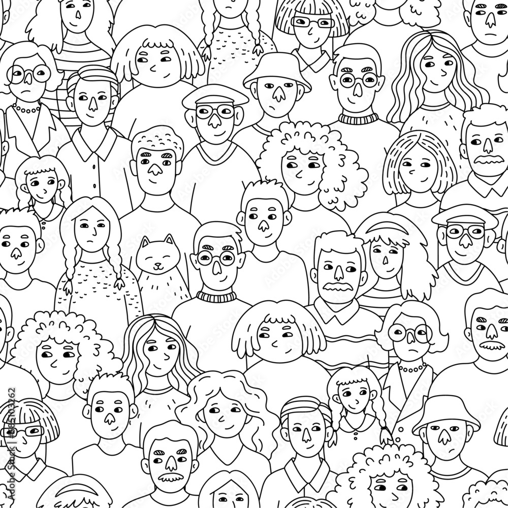 Seamless pattern of hand drawn people faces. Vector illustration of crowd of people. Seamless pattern of hand drawn people faces. Vector illustration of crowd of people.
