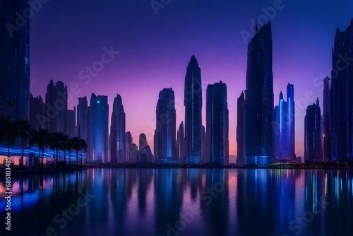 "Capture the essence of a futuristic metropolis at twilight, with dazzling skyscrapers illuminated by vibrant neon lights, reflected in the serene waters of a digital lake. 