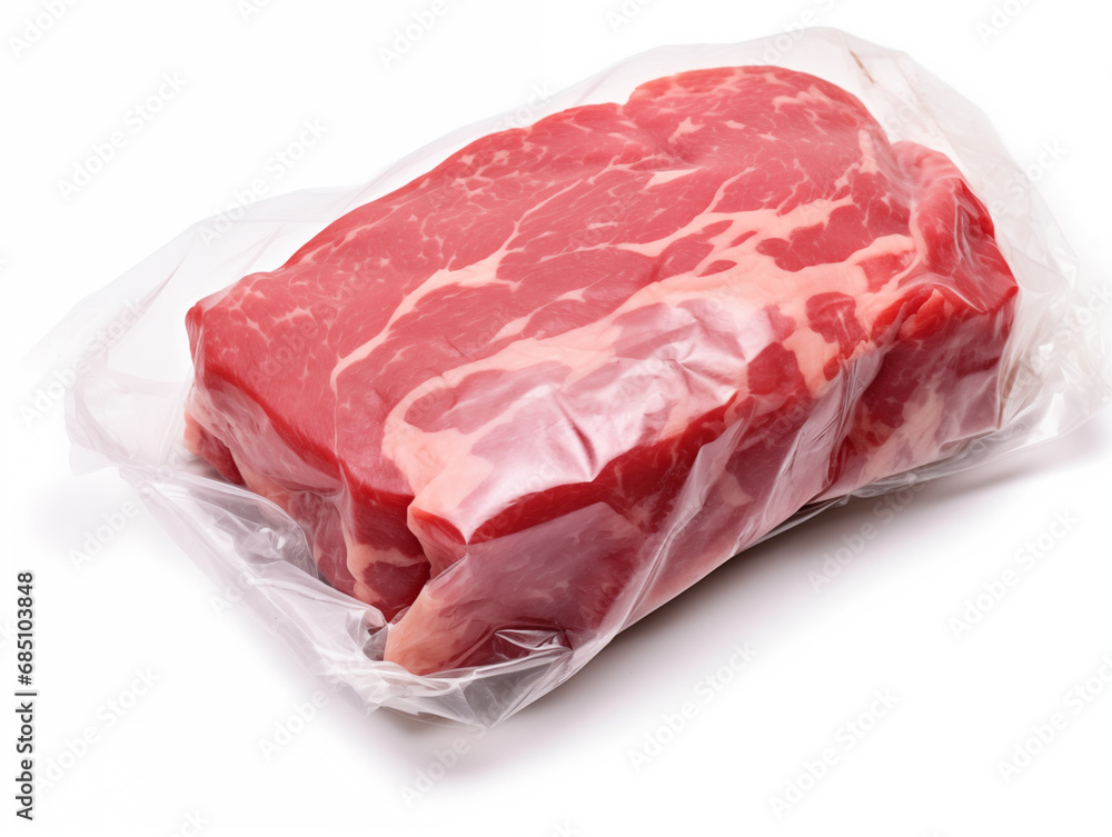 Vacuum-packed raw fresh beef tenderloin. Steak ready for freezing and long term storage. Isolated on a white background for the designer. Vacuum-packed raw fresh beef tenderloin. Steak ready for freezing and long term storage. Isolated on a white background for the designer.