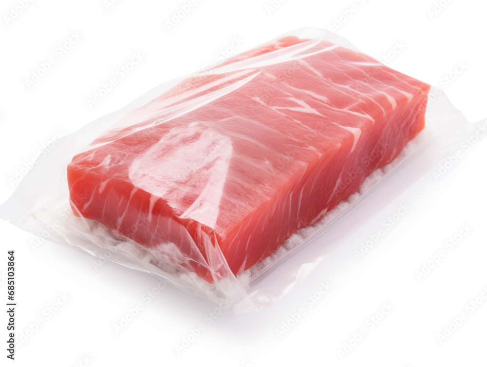 Vacuum packed tuna fillet. Prepared for long term freezing and storage. Isolated on a white background for the designer. Vacuum packed tuna fillet. Prepared for long term freezing and storage. Isolated on a white background for the designer.