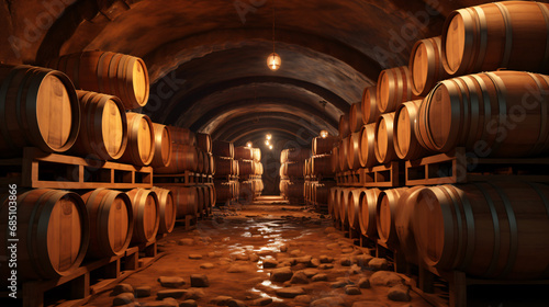 Barrels in the wine cellar 3d illustration