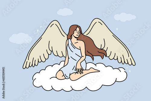 Woman angel with large wings sits on flying cloud in heaven, symbolizing innocence and purity or absence of harmful thoughts. Beautiful girl with angel wings and long hair smiles soaring in sky