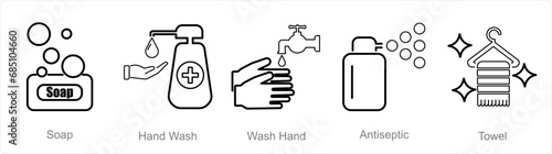 A set of 5 Hygiene icons as soap, hand wash, wash hand