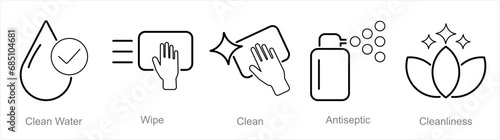 A set of 5 Hygiene icons as clean water, wipe, clean