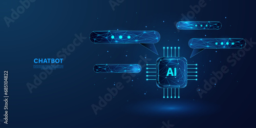 Abstract artificial intelligence system on screen and command bar on dark blue background. Low poly wireframe style technology background.