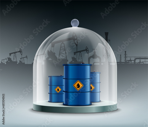 Barrels with crude oil under a glass dome. Vector illustration