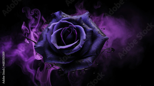 Black rose wrapped in purple smoke swirl on black background photo