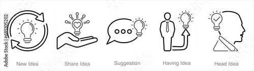 A set of 5 Idea icons as new idea, share idea, suggestion