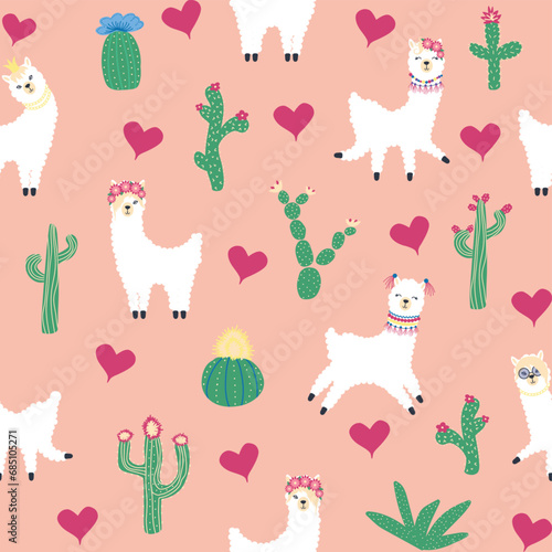 Cute pattern with llamas, cacti, Alps mountains, dream catcher, rainbows and hearts. Children s room design