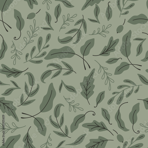 Monochrome Green Leaves Vector Seamless Pattern