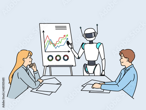 Artificial intelligence robot speaks to people in corporate boardroom to discuss company plans. Teamwork of employees and robot in office to achieve goals and automate business processes