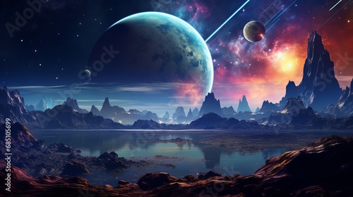 enchanting alien world: cosmic landscape with stars and nebulas, science fiction backdrop