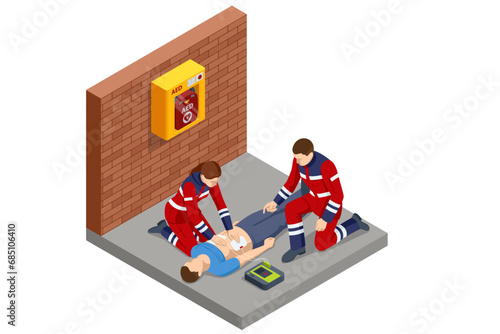 Isometric concept of Cardiac Massage CPR Emergency Aid. Medic character performing chest compressions and artificial ventilation. Ambulance responders and medics attending to the patient.