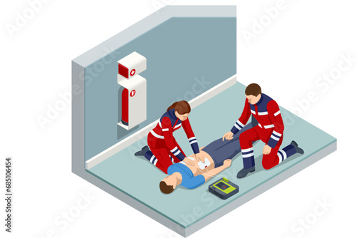 Isometric concept of Cardiac Massage CPR Emergency Aid. Medic character performing chest compressions and artificial ventilation. Ambulance responders and medics attending to the patient.