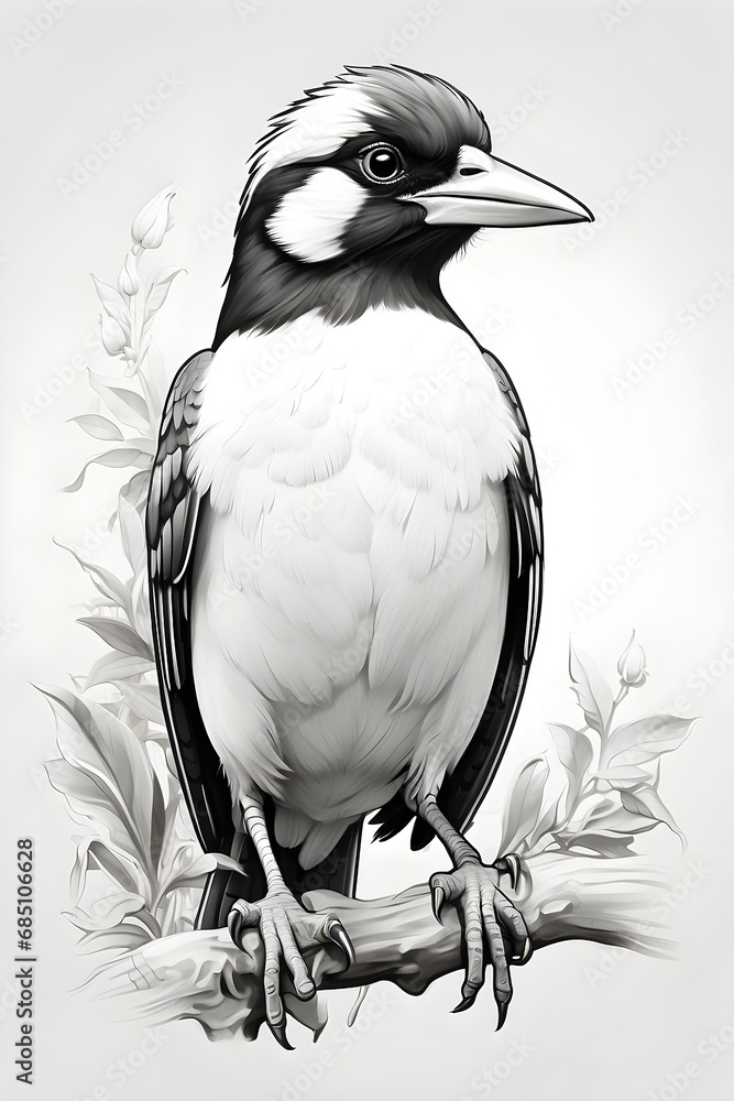 Fototapeta premium Black and white illustration of a bird on a branch.