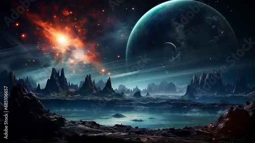 enchanting alien world: cosmic landscape with stars and nebulas, science fiction backdrop