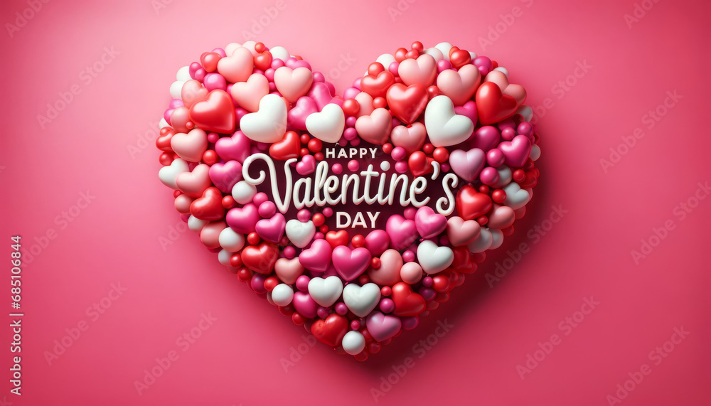 Happy Valentines day text, red heart, shape balloons love concept Happy Valentines day text, red heart, shape balloons love concept