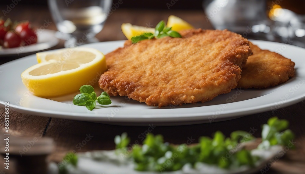 Wiener Schnitzel - big full plate Austrian A classic, golden-breaded veal cutlet, traditionally Wiener Schnitzel - big full plate Austrian A classic, golden-breaded veal cutlet, traditionally
