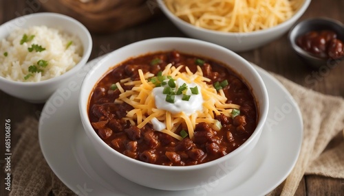 A bowl of chili topped with shredded cheese and sour cream, a staple at American cookouts