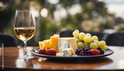A chilled glass of Californian Chardonnay paired with a cheese and fruit platter, encapsulating