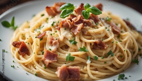 A hearty plate of spaghetti carbonara with creamy sauce and crisp pancetta