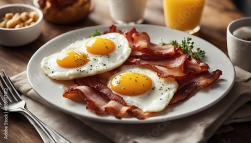 A hearty breakfast of bacon, and eggs, a staple in American diners