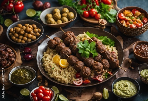 A Middle Eastern feast spread with baba ganoush, falafel, kofta kebabs, and dolmas, the table 