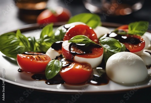 A plate of fresh Caprese salad with buffalo mozzarella, tomatoes, and basil, finished with balsamic