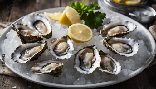 A plate of fresh oysters on the half shell, served on ice with lemon wedges and a mignonette sauce