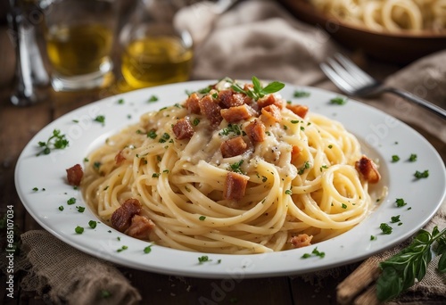 A plate of spaghetti carbonara, the pasta coated in a glossy, creamy sauce with pancetta