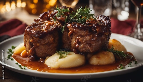 A platter of osso buco, the braised veal shanks glistening with a rich, savory glaze photo