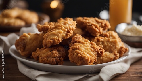 A platter of southern fried chicken with a golden, crispy coating, ready to be enjoyed with buttermilk