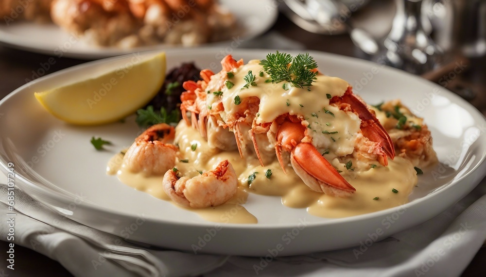 An elegant plate of lobster thermidor, the shellfish's rich meat complemented by a creamy sauce An elegant plate of lobster thermidor, the shellfish's rich meat complemented by a creamy sauce