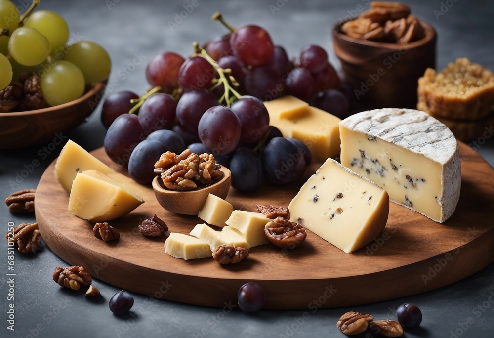 An artisan cheese board featuring wedges of blue, brie, and aged cheddar, with bunches of grapes