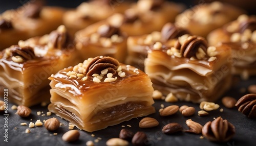 Baklava Sweet dessert pastry made of layers of phyllo filled with chopped nuts and sweetened