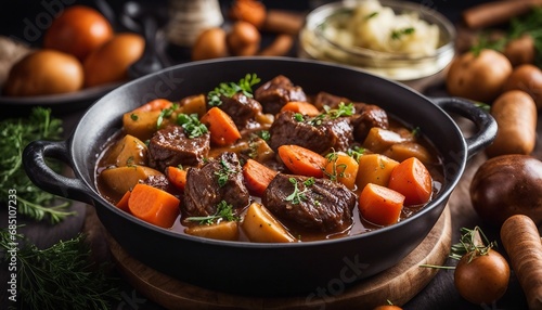 Beef Bourguignon A hearty beef stew with carrots and potatoes in a wine sauce photo