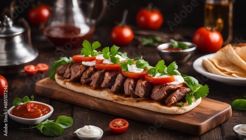 Askender Kebab Thinly sliced lamb served over bread with yogurt and tomato sauce
