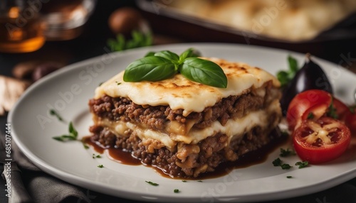 Moussaka Layers of eggplant, minced meat, and bechamel sauce
