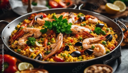 Paella  A vibrant and colorful traditional paella with seafood, saffron, and vegetables