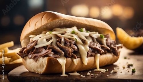 Philly Cheesesteak Thinly sliced steak with melted provolone and onions on a hoagie roll photo