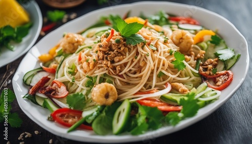 Som Tum  Spicy green papaya salad with a mix of sweet  sour  and savory flavors