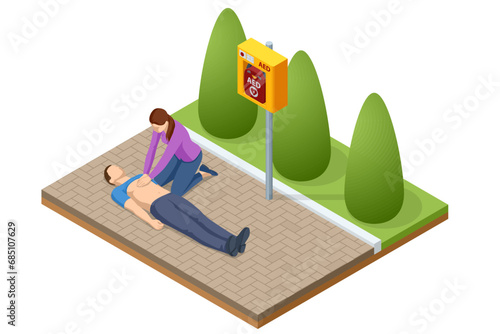 Isometric concept of Cardiac Massage CPR Emergency Aid. Woman performing chest compressions and artificial ventilation.