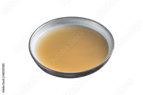 Bone meat chicken broth in a plate. Transparent background. Isolated.