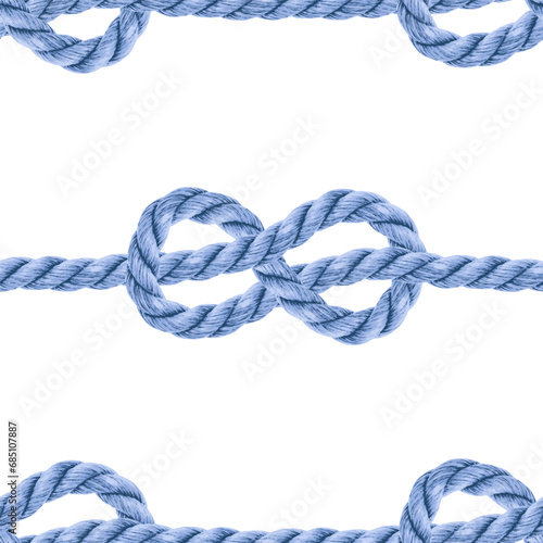Blue rope knots horizontal 3D rows seamless pattern