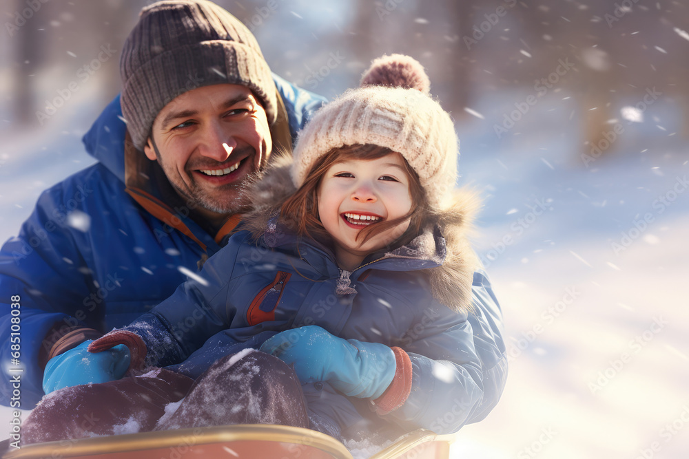 happy father and daughter sled in snow