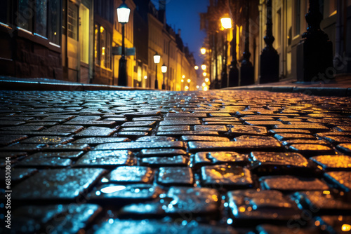 Calle empedrada en el casco antiguo de la ciudad durante la noche.