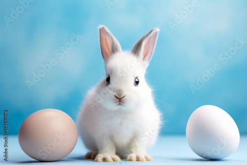 Imagen de un conejo blanco adorable con temática de Pascua en fondo azul. photo