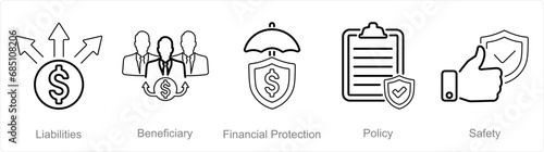 A set of 5 Insurance icons as liabilities, beneficiary, financial protection, policy